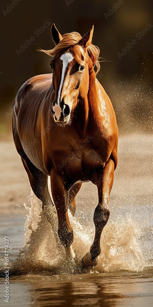 Beautiful bay horse running gallop on river. Horse in meadow. Young stallion in the field. Realistic