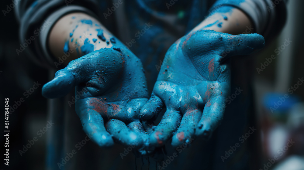 Adult hands in blue ink painting concept art. Blue ink sticky hands. Hands soaked in blue paint. Rea