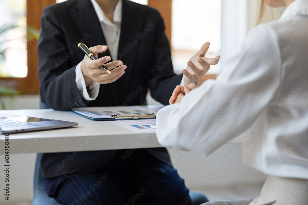 Financial advisor discussing business management planning with businesswoman in office.