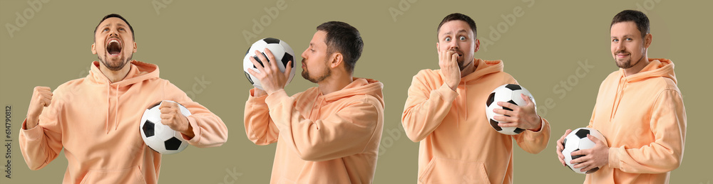 Happy man with soccer ball on color background