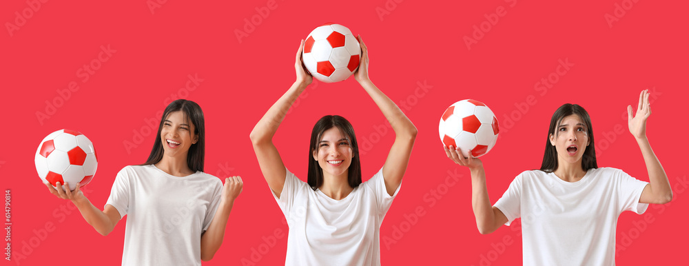 Happy young woman with soccer ball on red background