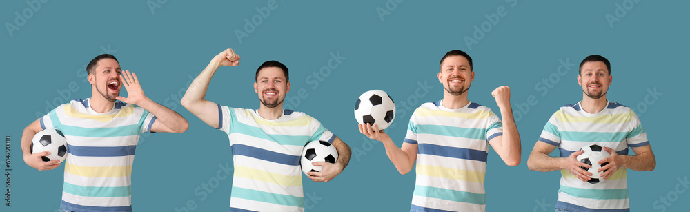 Screaming man with soccer ball on blue background