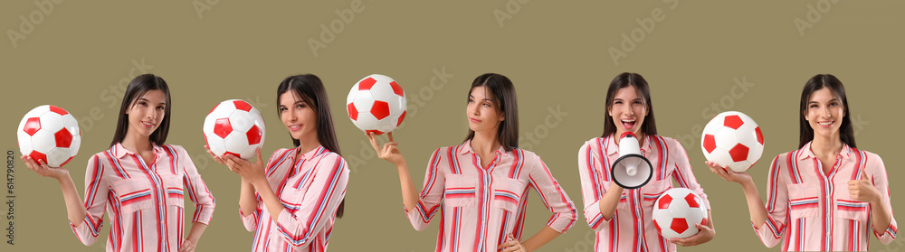 Young woman with soccer ball on color background