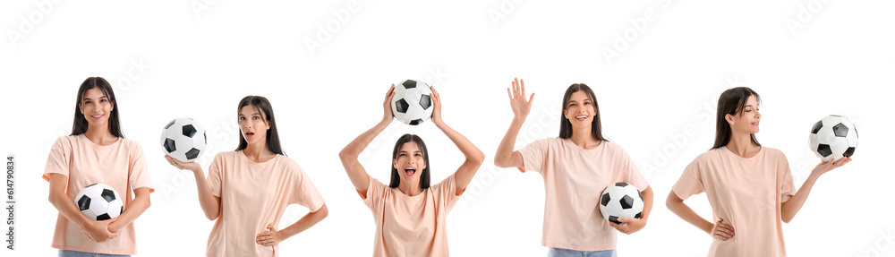 Surprised young woman with soccer ball on white background