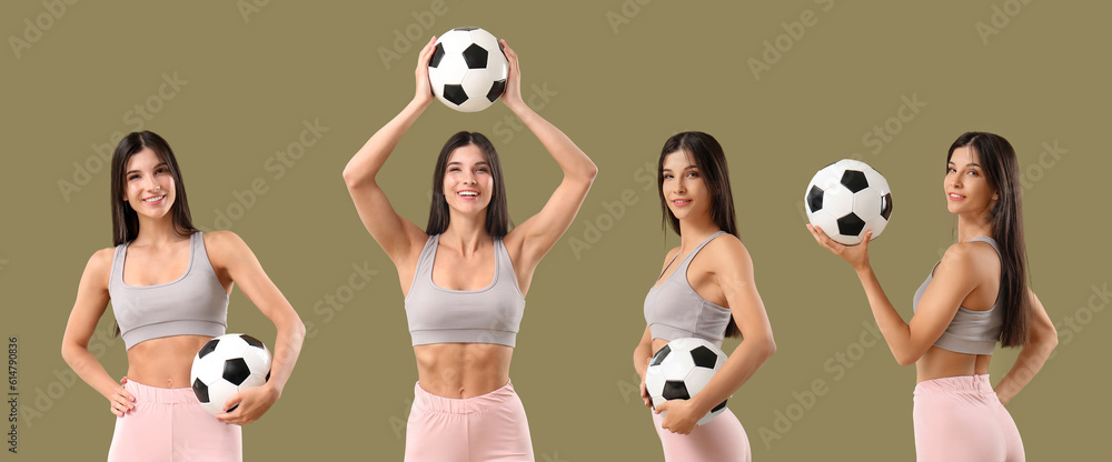 Sporty young woman with soccer ball on color background