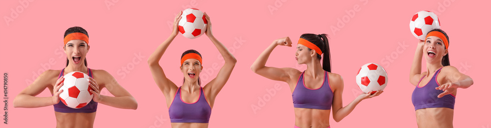 Sporty young woman with soccer ball on pink background