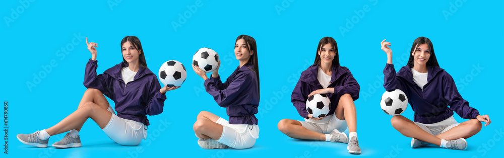 Young woman with soccer ball on blue background