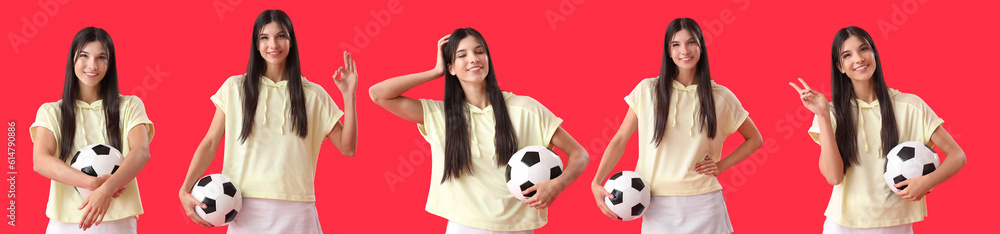 Young woman with soccer ball on red background