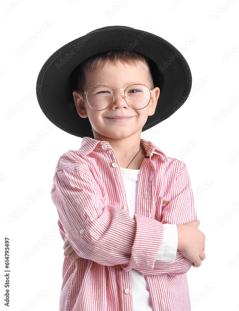 Cute little stylist on white background