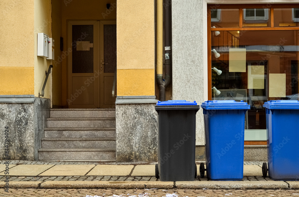 View of city street with garbage containers