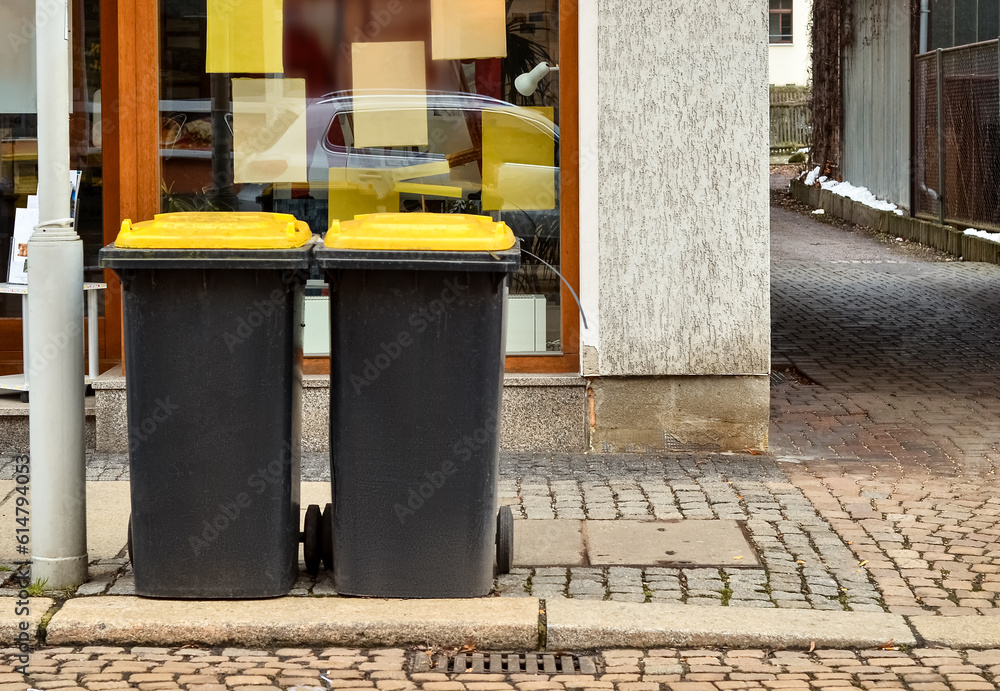 View of city street with garbage containers