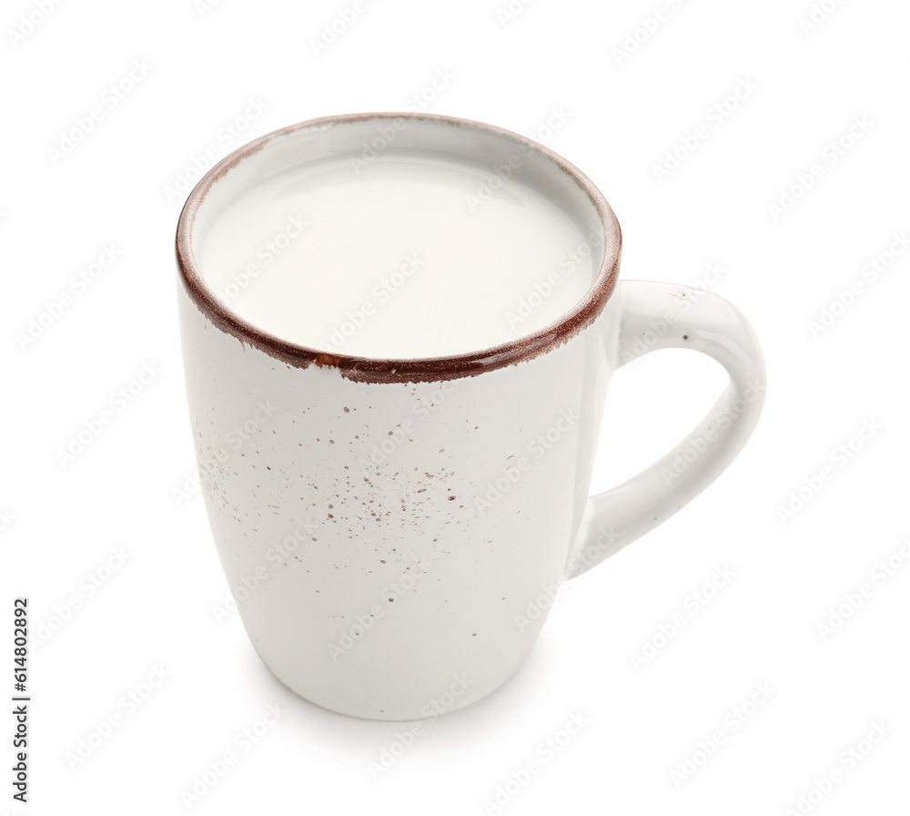 Cup of milk on white background