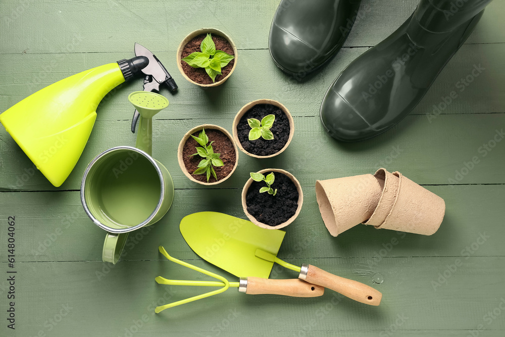 Peat pots with seedlings and gardening tools on green wooden background