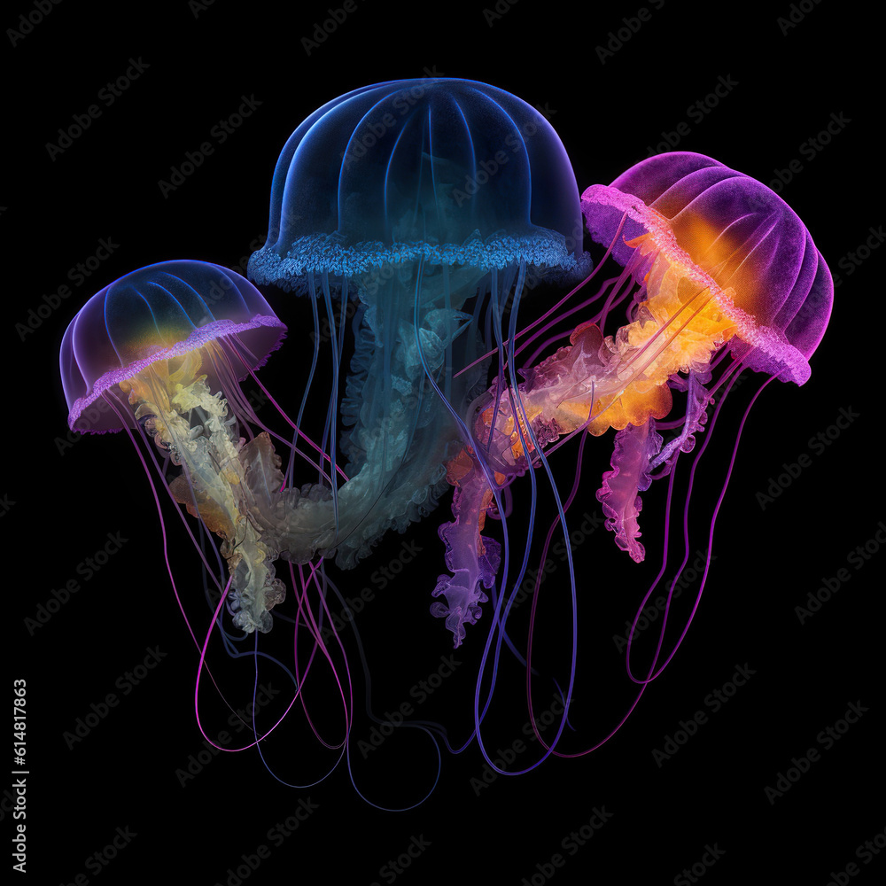 Glowing jellyfish swim deep in blue sea. Neon jellyfish. Medusa neon jellyfish fantasy on black back