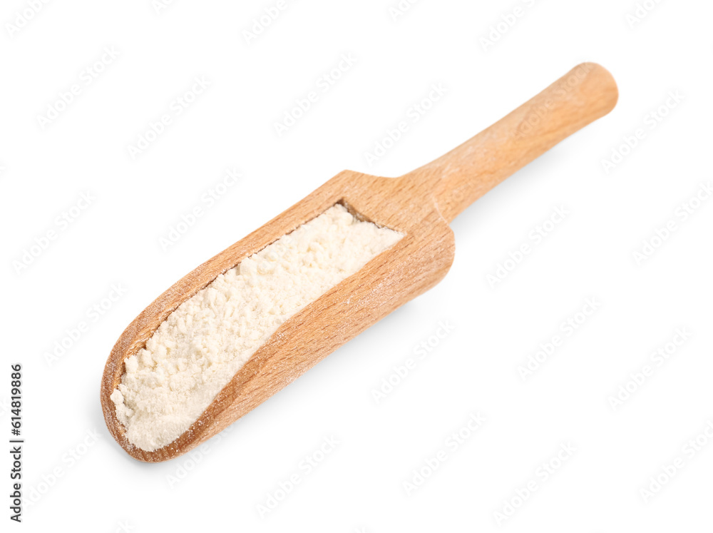 Scoop with wheat flour isolated on white background