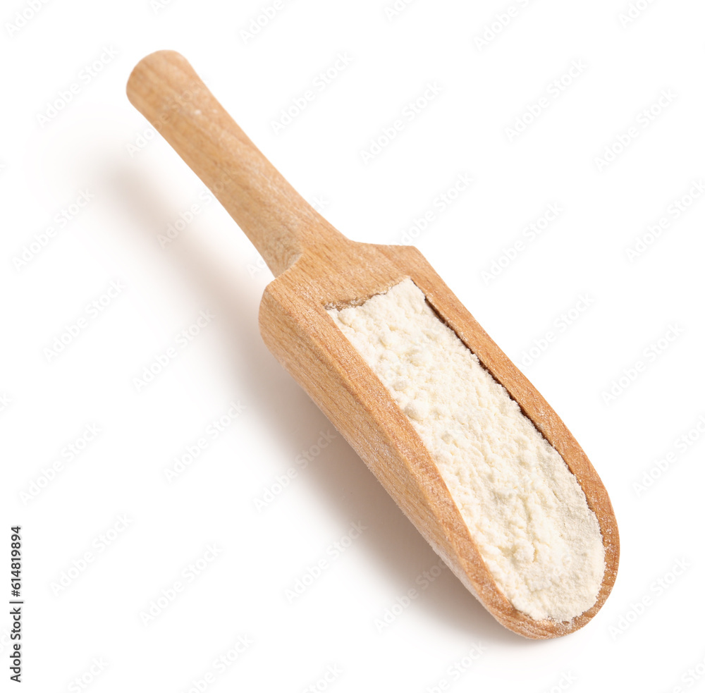 Scoop with wheat flour isolated on white background