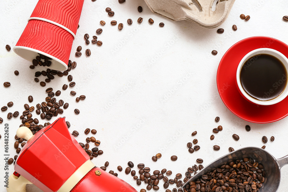 Frame made of cups, cup with espresso, beans and geyser coffee maker on light background