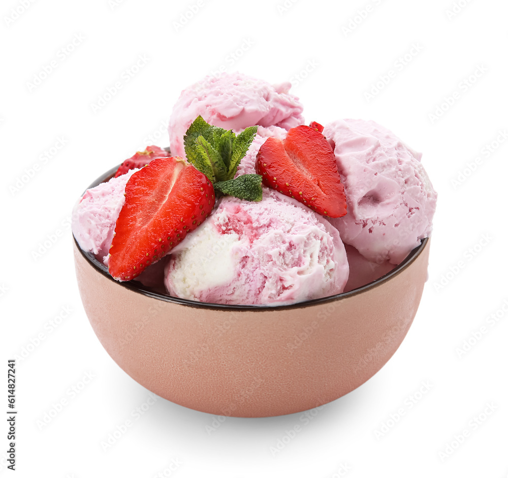 Bowl of delicious ice cream scoops with fresh strawberries and mint isolated on white background