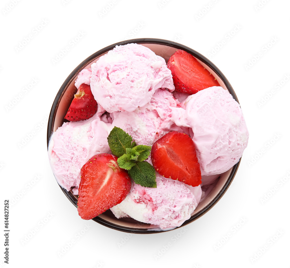 Bowl of delicious ice cream scoops with fresh strawberries and mint isolated on white background