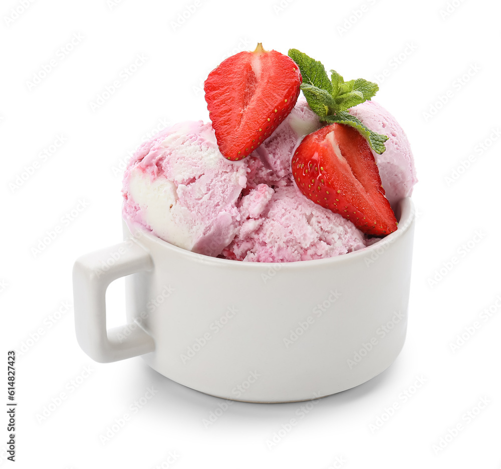 Cup of delicious ice cream with fresh strawberries and mint on white background