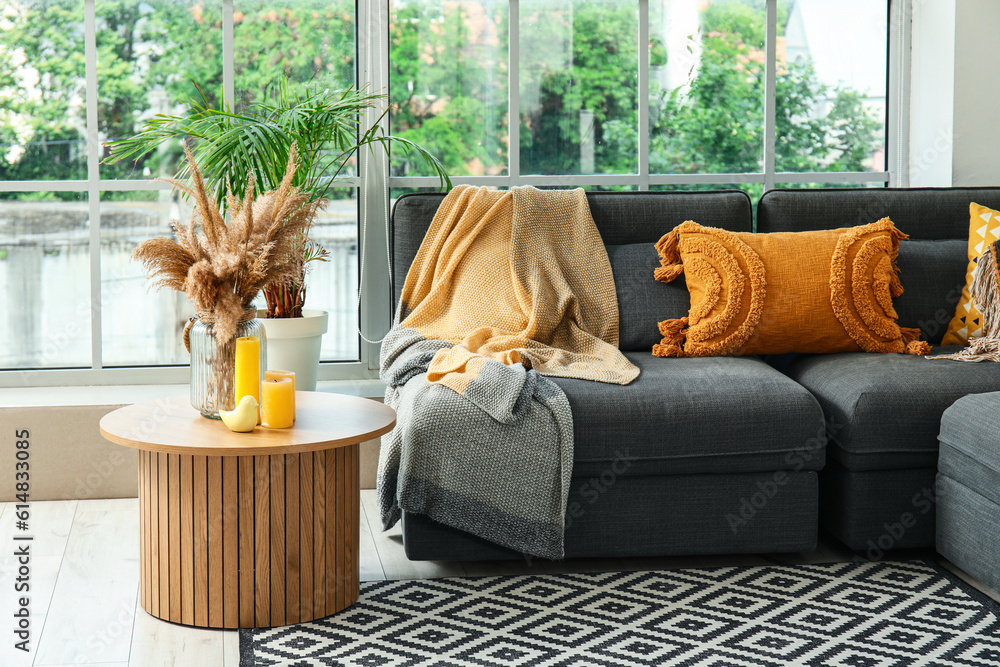 Interior of light living room with cozy grey sofa, coffee table and houseplants