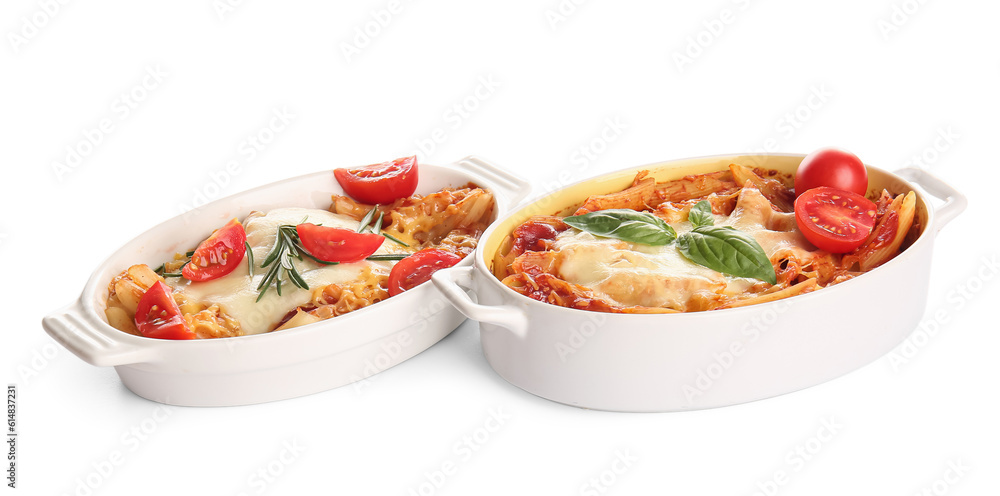 Baking dishes of pasta with tomato sauce and cheese on white background