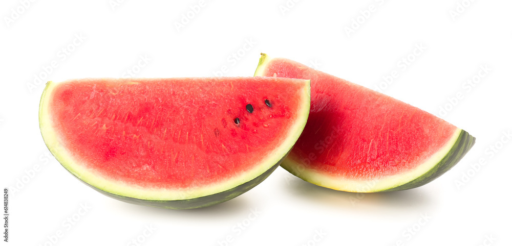 Pieces of fresh watermelon on white background