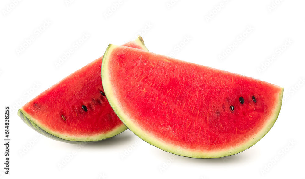 Pieces of fresh watermelon on white background