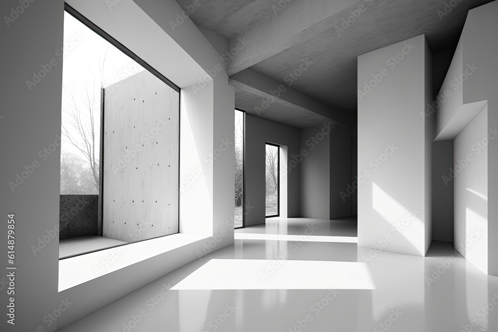 empty room with white walls and windows. Generative AI