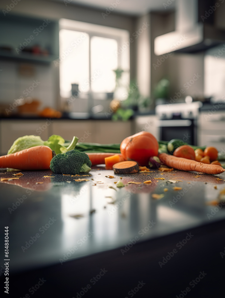 Whole and cut vegetables and vegetables spread out on the table. Fresh colorful vegetables from a ki