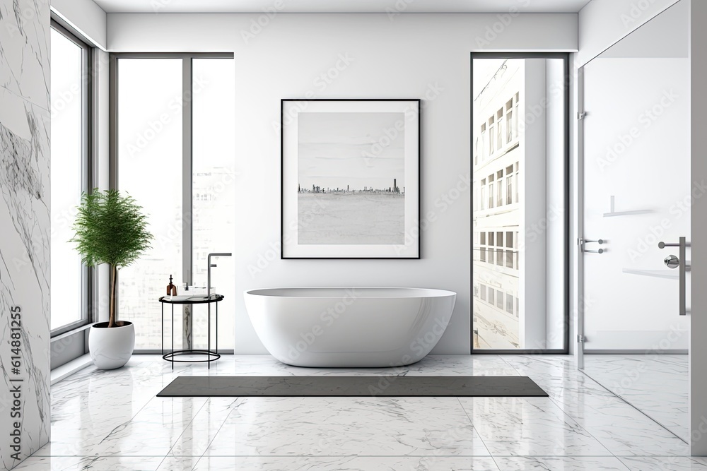 serene bathroom with a freestanding tub and a large window overlooking nature. Generative AI