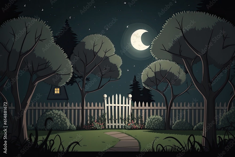 serene, moonlit night with a white picket fence and trees. Generative AI