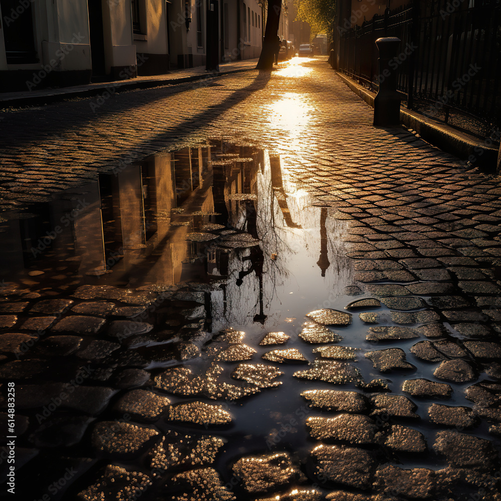 Empty street with wet path after rain and shadows on sidewalk. Reflective wet cobblestone street und