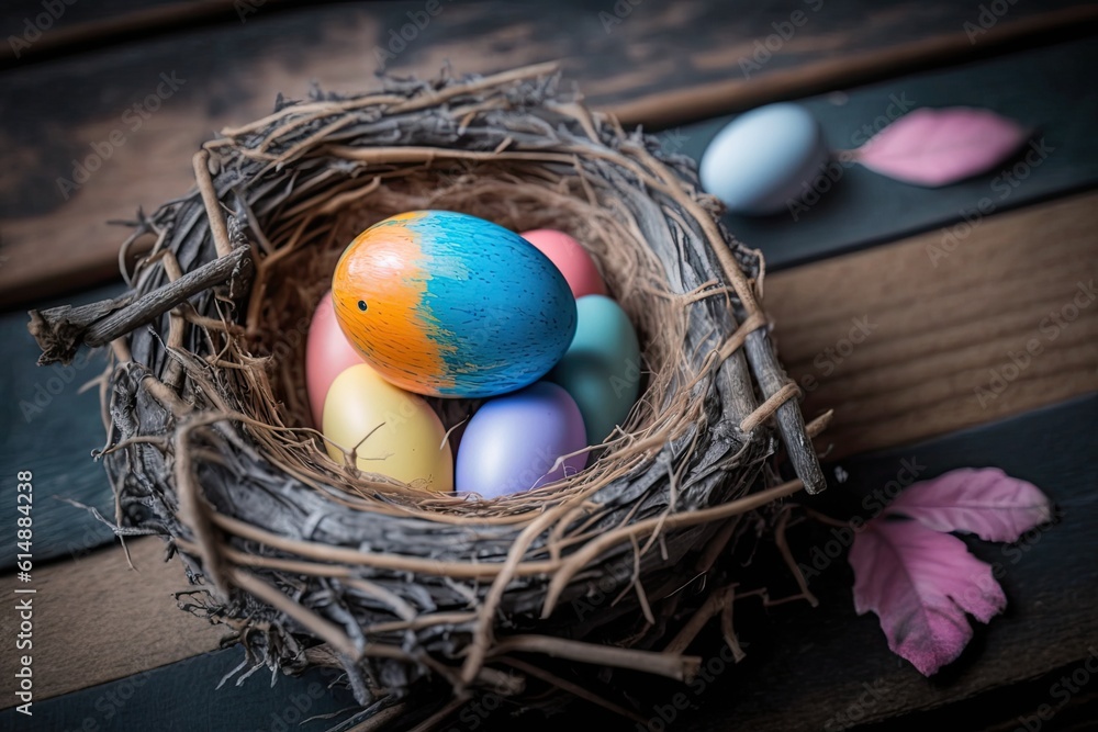 birds nest filled with colorful eggs on a rustic wooden table. Generative AI