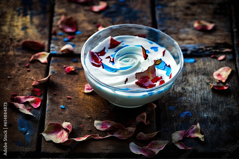 glass bowl filled with whipped cream and rose petals on a pink background. Generative AI