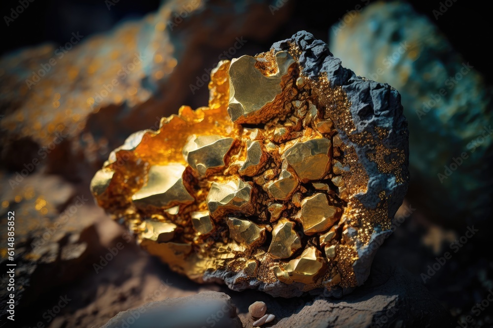 close-up view of a golden mineral specimen on a rock. Generative AI