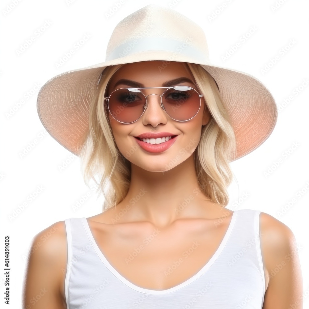 Beautiful girl with sunglasses and summer hat smiling isolated. Illustration AI Generative.