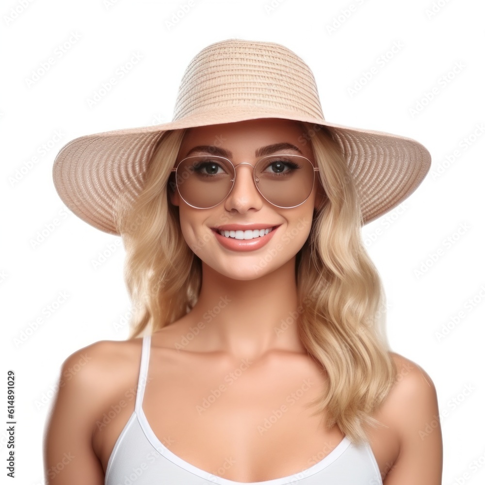 Beautiful girl with sunglasses and summer hat smiling isolated. Illustration AI Generative.