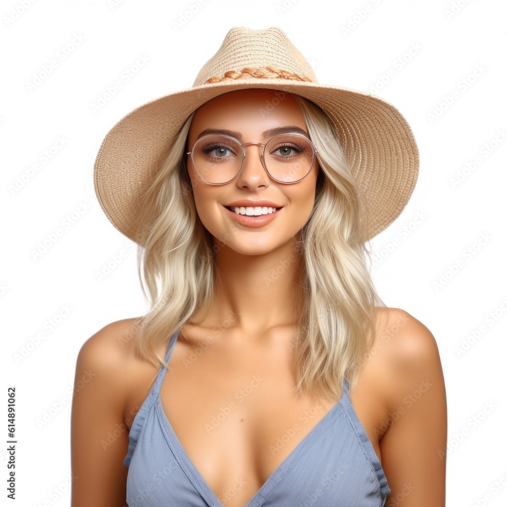 Beautiful girl with sunglasses and summer hat smiling isolated. Illustration AI Generative.