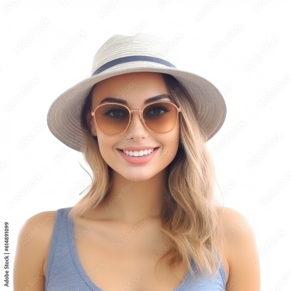 Beautiful girl with sunglasses and summer hat smiling isolated. Illustration AI Generative.