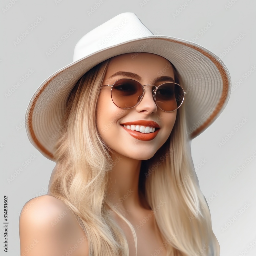 Beautiful girl with sunglasses and summer hat smiling isolated. Illustration AI Generative.