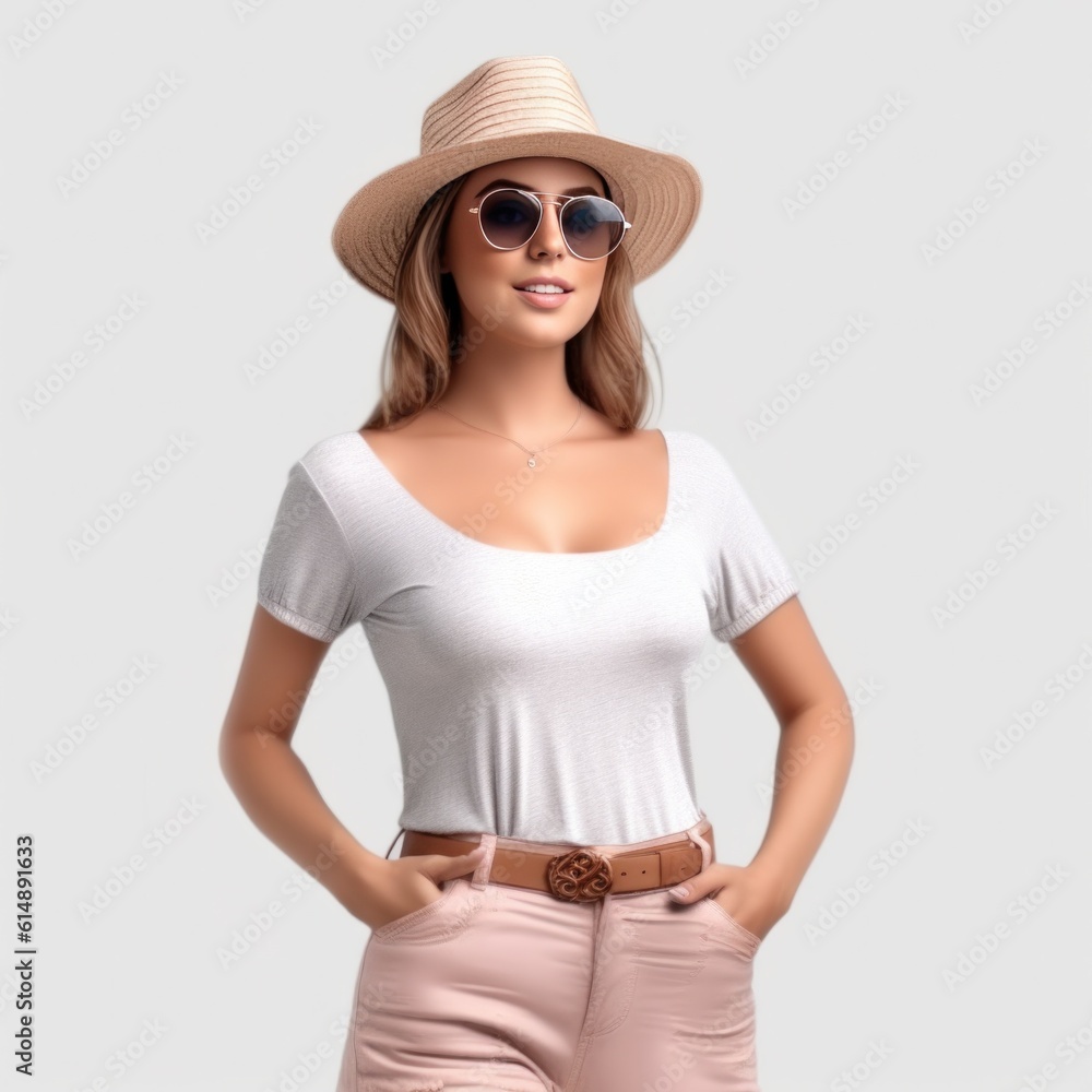 Beautiful girl with sunglasses and summer hat smiling isolated. Illustration AI Generative.