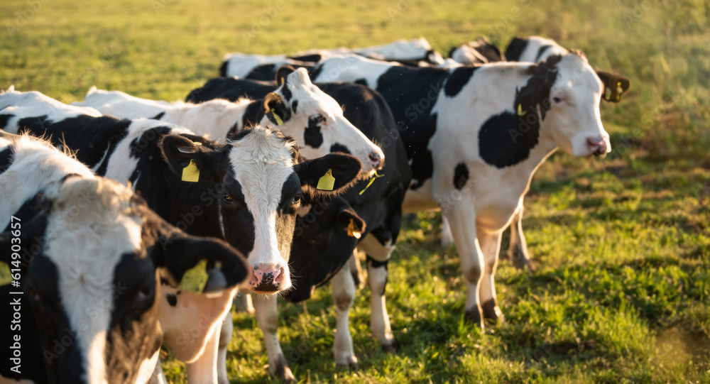 Herd of black and white cows in the pasture