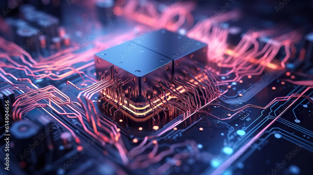 3D rendering digital of computer chip over circuit background. Scanning micro processor or neural ne