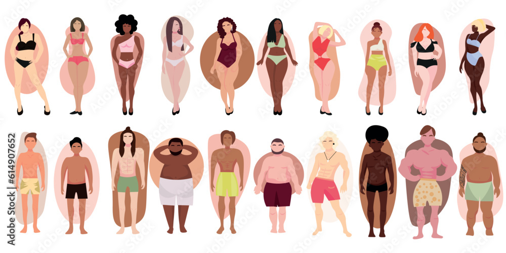 Set of people in underwear with different types of body shape on white background