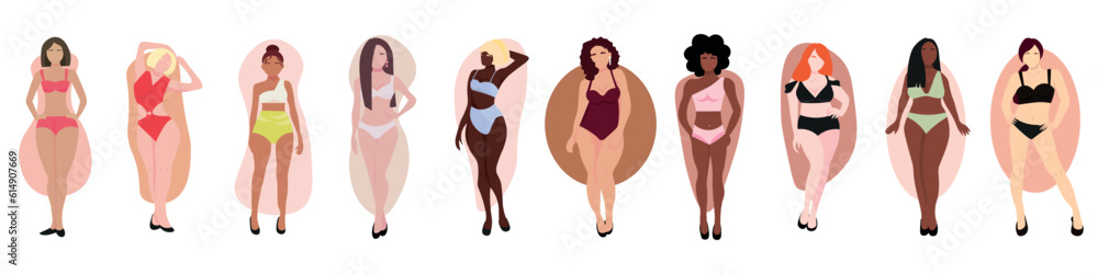 Set of women in underwear with different types of body shape on white background