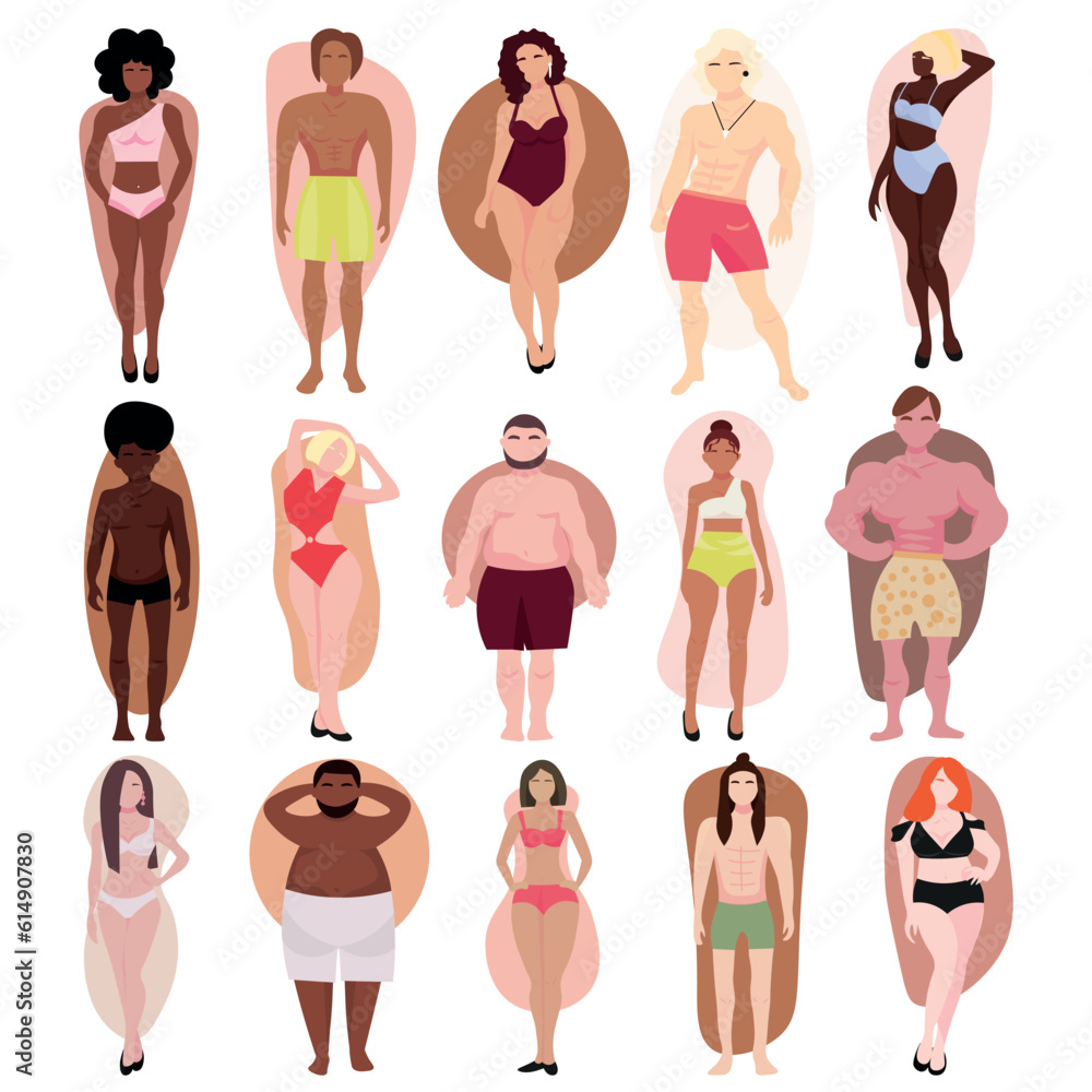 Set of people in underwear with different types of body shape on white background