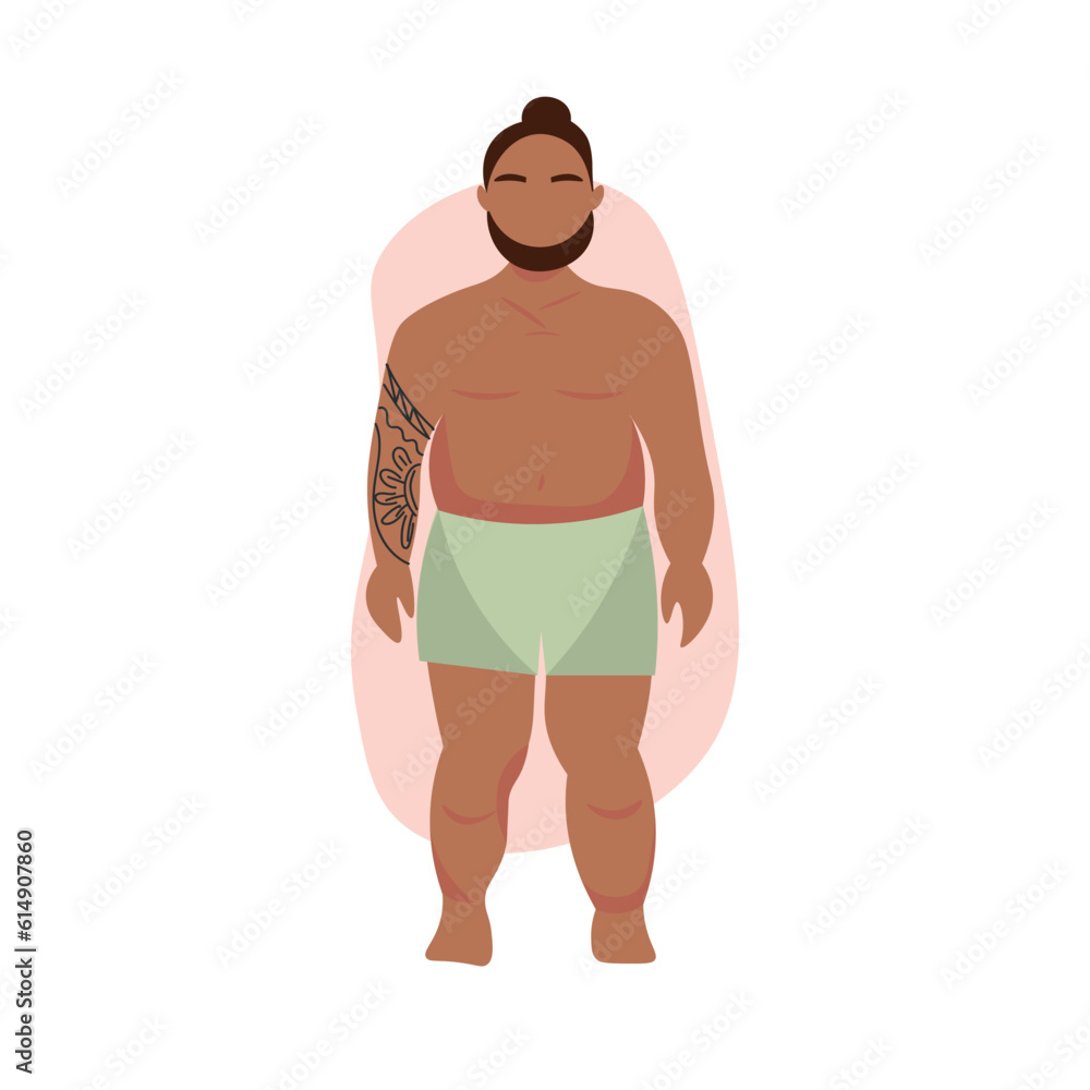 Stout Polynesian man in underwear on white background