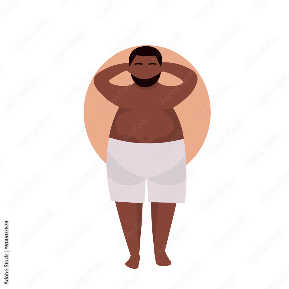 Stout African-American man in underwear on white background