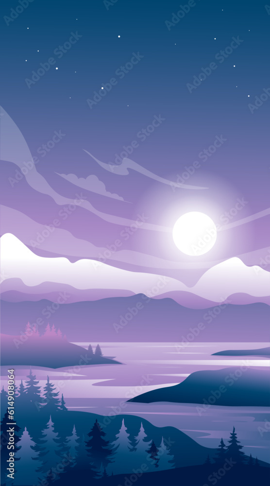 Beautiful landscape with river, forest and bright moon